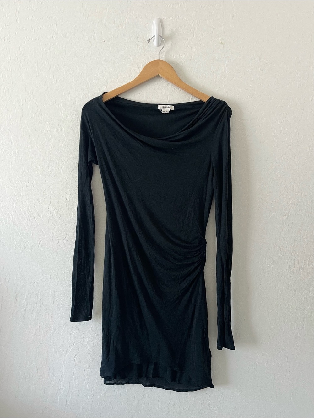 Helmut Lang Thicket Slack Ruched Draped Long Sleeve Black Jersey Dress